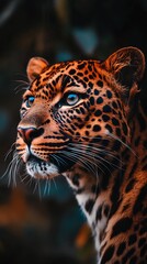 Obraz premium Majestic Leopard Portrait Warm Light Intense Gaze. AI Generated
