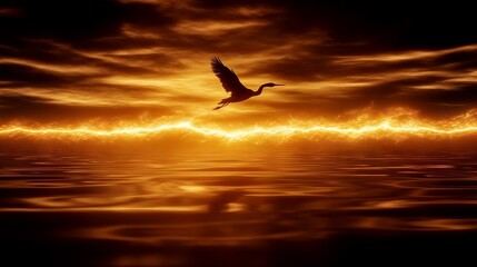 Obraz premium Solitary Bird Soaring Over Fiery Sunset Seascape