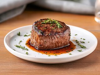 A perfectly cooked filet mignon garnished with fresh herbs, served on a white plate with a rich sauce, showcasing gourmet dining.