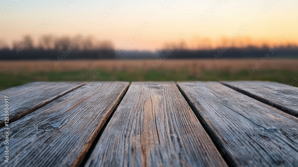 Poster weathered wooden table in a field at sunset creating a rustic outdoor atmosphere