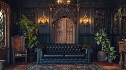 A luxurious space showcasing a black tufted sofa, a carved wooden door, and ornate gothic decor.