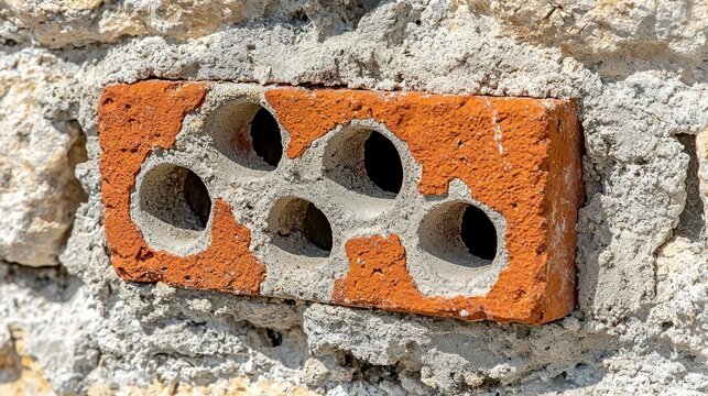 Perforated brick in old stone wall, likely insect habitat