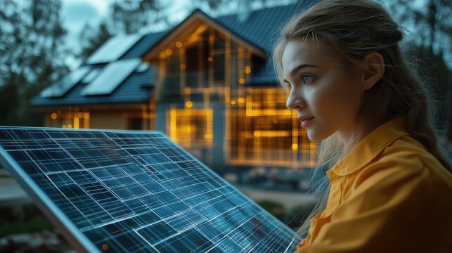 A woman is looking at a computer screen with a solar panel on it