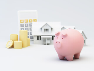 A pastel-themed financial concept with a pink piggy bank, stacks of gold coins, a miniature white house, and a calculator in the background, symbolizing savings for home investment. 3d rendering.