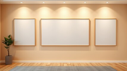 Empty frames on peach wall with wooden floor and plant