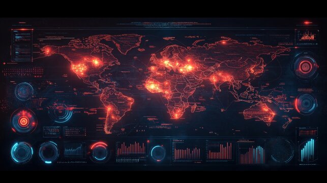 A computer screen shows a map of the world with red dots all over it