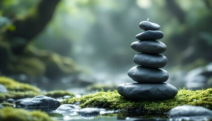 zen, stones, tall, stack, uneven, shapes, rugged, textures, mossy, damp, surface, morning, mist, soft, diffused, lighting, dewdrops, visible, natural, serene, tranquil, harmony, peaceful, meditative, 