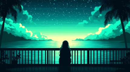 Solitary Figure Contemplates Ocean Sunset Under Starry Sky