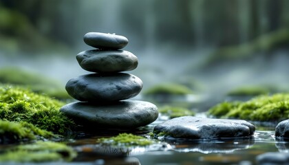 zen, stones, tall, stack, uneven, shapes, rugged, textures, mossy, damp, surface, morning, mist, soft, diffused, lighting, dewdrops, visible, natural, serene, tranquil, harmony, peaceful, meditative, 
