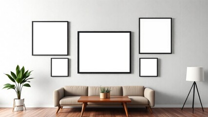 Modern minimalist living room interior with empty picture frames and stylish furniture