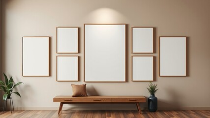Gallery Wall Mockup Neutral Tones, Wooden Bench, Empty Frames