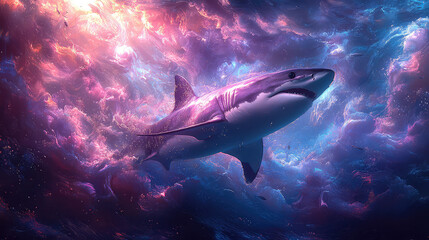 Fototapeta premium Great white shark swimming in a vibrant, cosmic nebula.