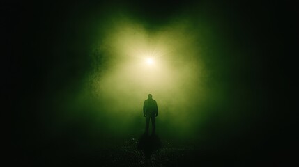 Fototapeta premium Solitary Figure in Green Foggy Night Light