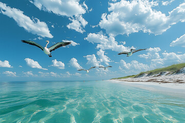 Group of pelicans soaring low above a crystal-clear ocean, captured in graceful flight