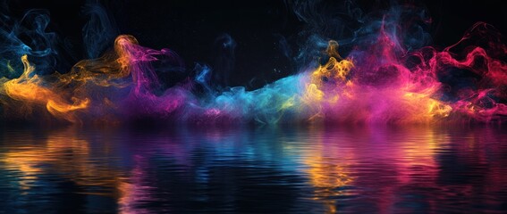 Fototapeta premium Abstract colorful smoke and light reflections on dark water surface with a starry black background