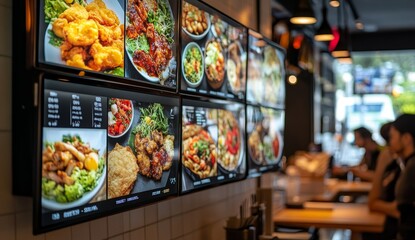 Restaurant digital menu board showing various Asian dishes.