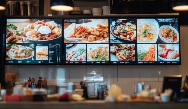 Digital menu board displaying various Asian dishes in a restaurant.