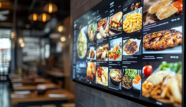 Digital menu board displaying appetizing food images in a restaurant.
