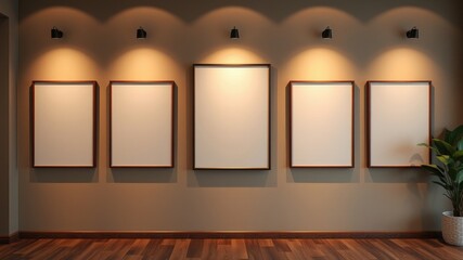 Empty picture frames on a wall with warm lighting and hardwood floor