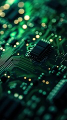 Obraz premium Intricate Circuit Board Gleaming Green Under Soft Light. AI Generated