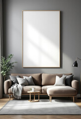 a beige sofa with gray and white throw pillows, a wooden coffee table, and a large blank picture frame on the wall above the sofa. Cozy modern living room with photo frame design