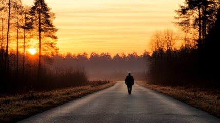 Obraz premium Solitary Figure Walking Sunset Road Autumnal Landscape