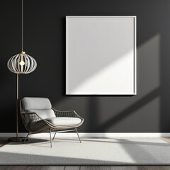 a gray chair with a woven design, a white lamp, and a large white picture frame on the wall. Cozy modern living room with photo frame design