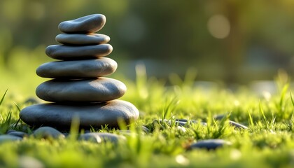 Obraz premium zen, stones, tall, stack, uneven, layers, rough, surfaces, grassy, surface, swaying, grass, goldenhour, sunlight, shadows, grassblades, hyperrealistic, detail, serene, tranquil, harmony, peaceful, 