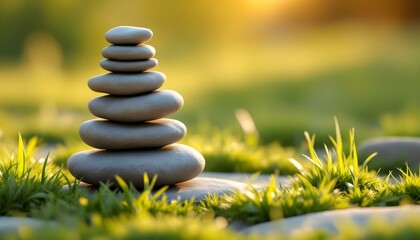 Obraz premium zen, stones, tall, stack, uneven, layers, rough, surfaces, grassy, surface, swaying, grass, goldenhour, sunlight, shadows, grassblades, hyperrealistic, detail, serene, tranquil, harmony, peaceful, 