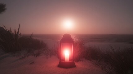 Solitary Lantern Illuminates Coastal Sunset Scene