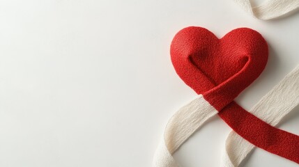 A red heart shaped decoration intertwined with white ribbon on a light background, symbolizing love and affection.