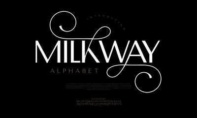 Milkyway typography beauty fashion elegant minimalist serif italic fonts decorative wedding vintage retro logos. Minimal luxury font alphabet logo. Vector illustration