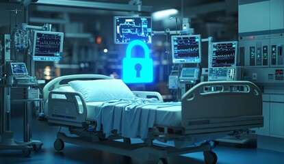 Hospital bed with a glowing padlock icon, representing patient data security and privacy in a modern medical facility.