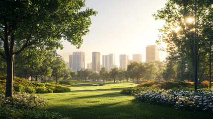 Urban park at sunrise showcasing city skyline and nature's beauty