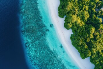 Tropical island aerial view white sand beach, turquoise water, lush greenery, coral reef
