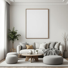 a gray sofa with multiple throw pillows, a wooden coffee table, and a large blank picture frame on the wall above the sofa. Cozy modern living room with photo frame design
