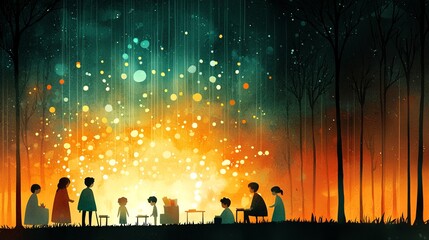 Fototapeta premium Under magical lights whimsical gathering of children in a nighttime forest clearing