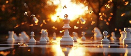 Golden Hour Chess Triumph: White king stands tall amidst warm light and falling pieces strategic game arrangement. AI Generated