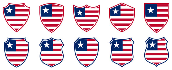 set collections liberia flag in shield badge icon. liberia flag symbol of powerful country. liberia independence day emblem label sticker design template vector illustration