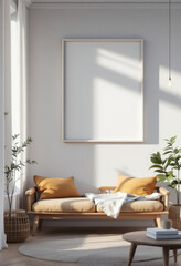 a wooden bench with two orange pillows, a white blanket, and a coffee table with a book and a cup. Cozy modern living room with photo frame design