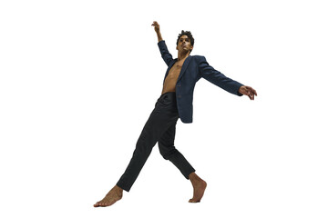 Obraz premium Scantily clad dancer, ballet dancer, man shows dance elements, dark-skinned athletic man