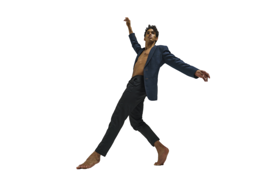 Scantily clad dancer, ballet dancer, man shows dance elements, dark-skinned athletic man