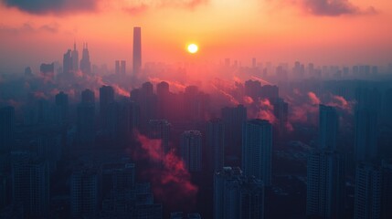 Fototapeta premium A city skyline with a large building in the background