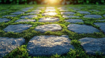 Naklejka premium Stone path with grass in garden at sunset