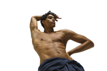 Scantily clad dancer, ballet dancer, dark-skinned man with a bare torso showing his hand