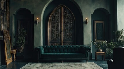 Fototapeta premium A room with a dark emerald green sofa, a tall arched door with intricate carvings, and subtle gothic decor.