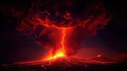 Erupting volcano with dark red smoke and lightning from the clouds 