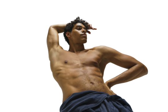 Scantily clad dancer, ballet dancer, dark-skinned man with a bare torso showing his hand - Powered by Adobe