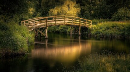 Fototapeta premium Serene Wooden Bridge Over Calm River in Lush Green Forest