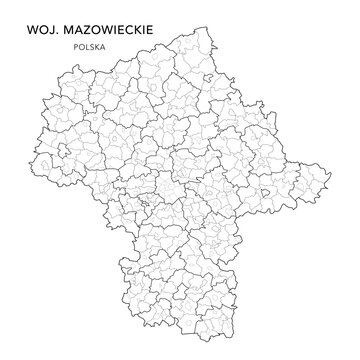 Administrative Vector Map of the Masovian Voivodeship (Mazowieckie) with Municipality Areas (Obszary Gmin), Municipalities (Gminy), Counties (Powiaty) and Warsaw Districts (Dzielnica) - Poland 2025